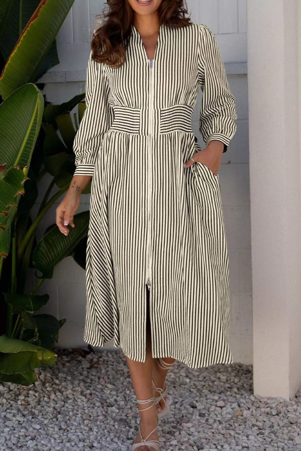 Stripe V Neck Zip Front Cinched High Waist Midi Dress, image 4