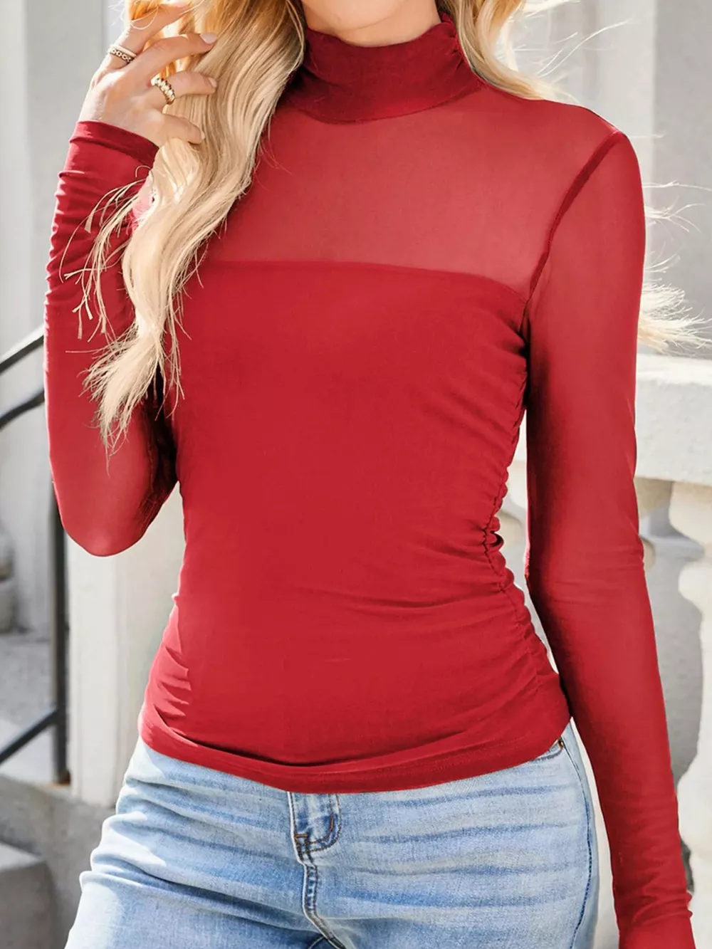 Sheer Mesh Patchwork High Neck Long Sleeve Top, image 7
