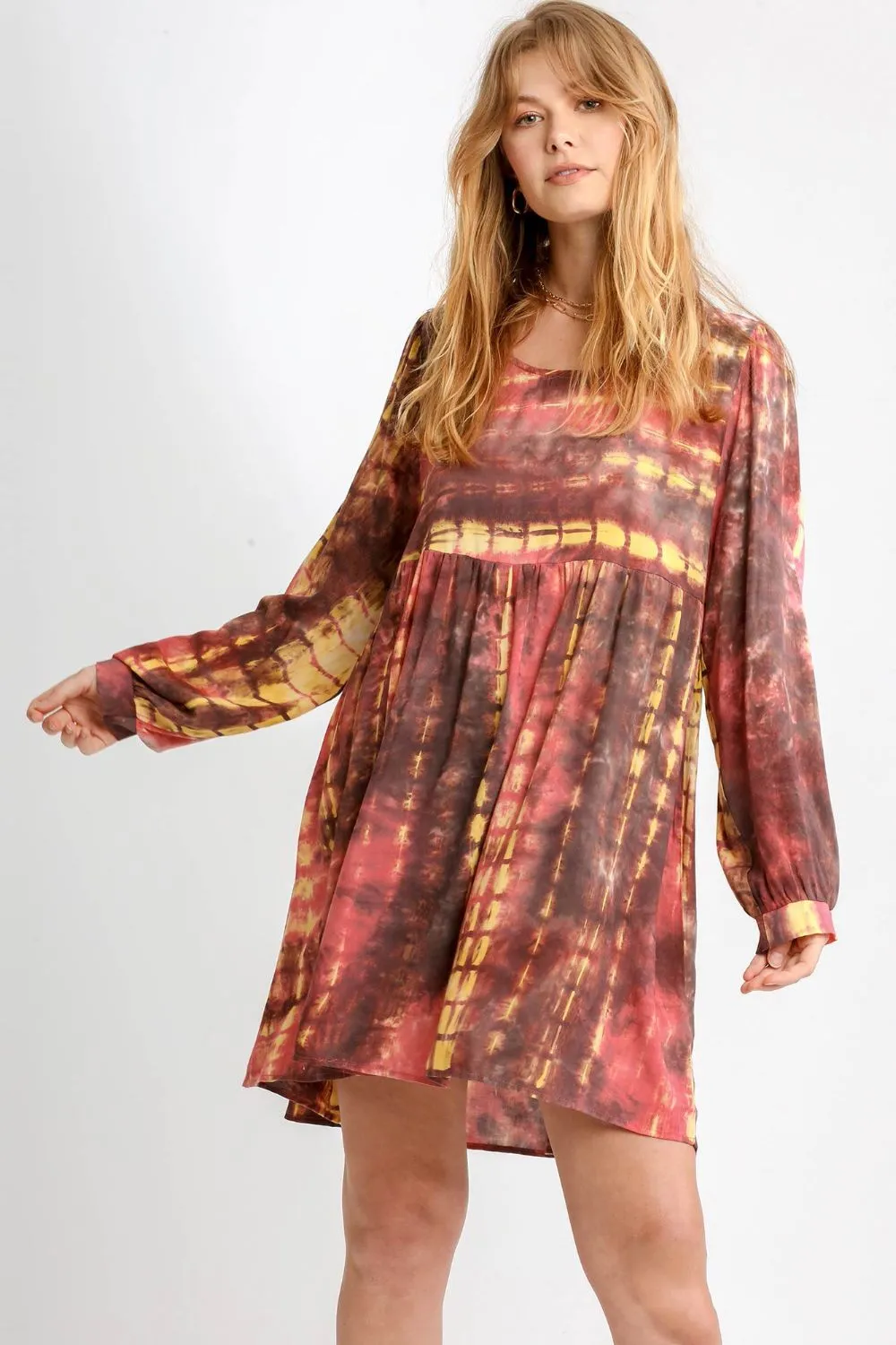 Full Size Tie Dye Long Sleeve Babydoll Dress with Keyhole Plus Size