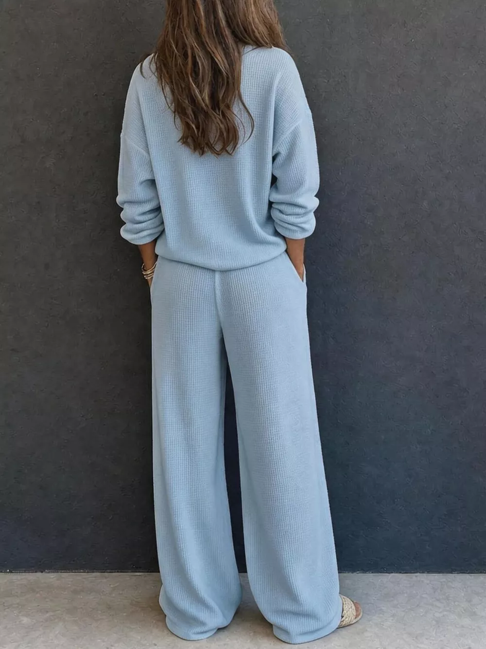 Waffle Knit Button Detail Top and Pants Set, image 6