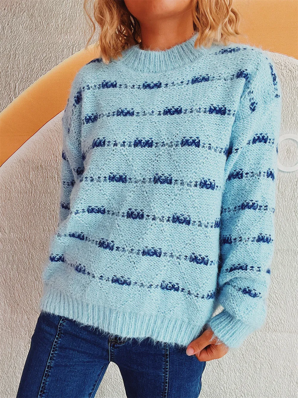Striped Round Neck Long Sleeve Sweater, image 10