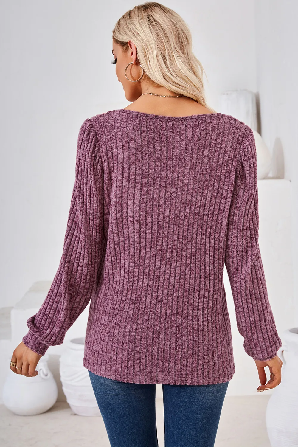 Ribbed Square Neck Long Sleeve T-Shirt, image 24