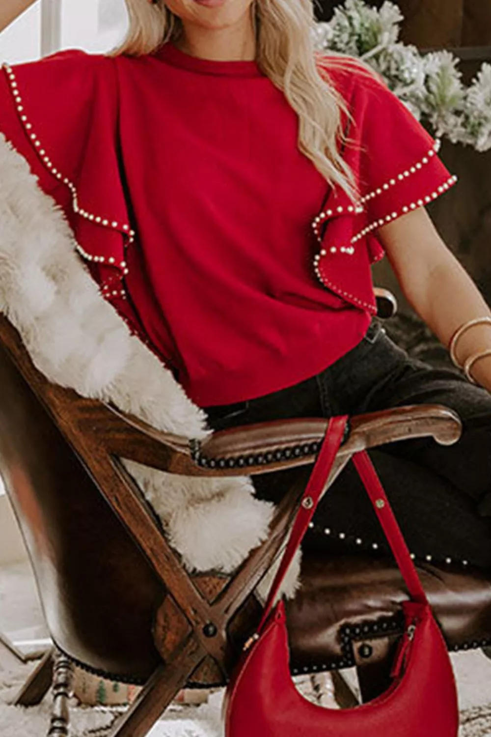 Ruffle Sleeve Pearl Embellished Knit Top, image 4