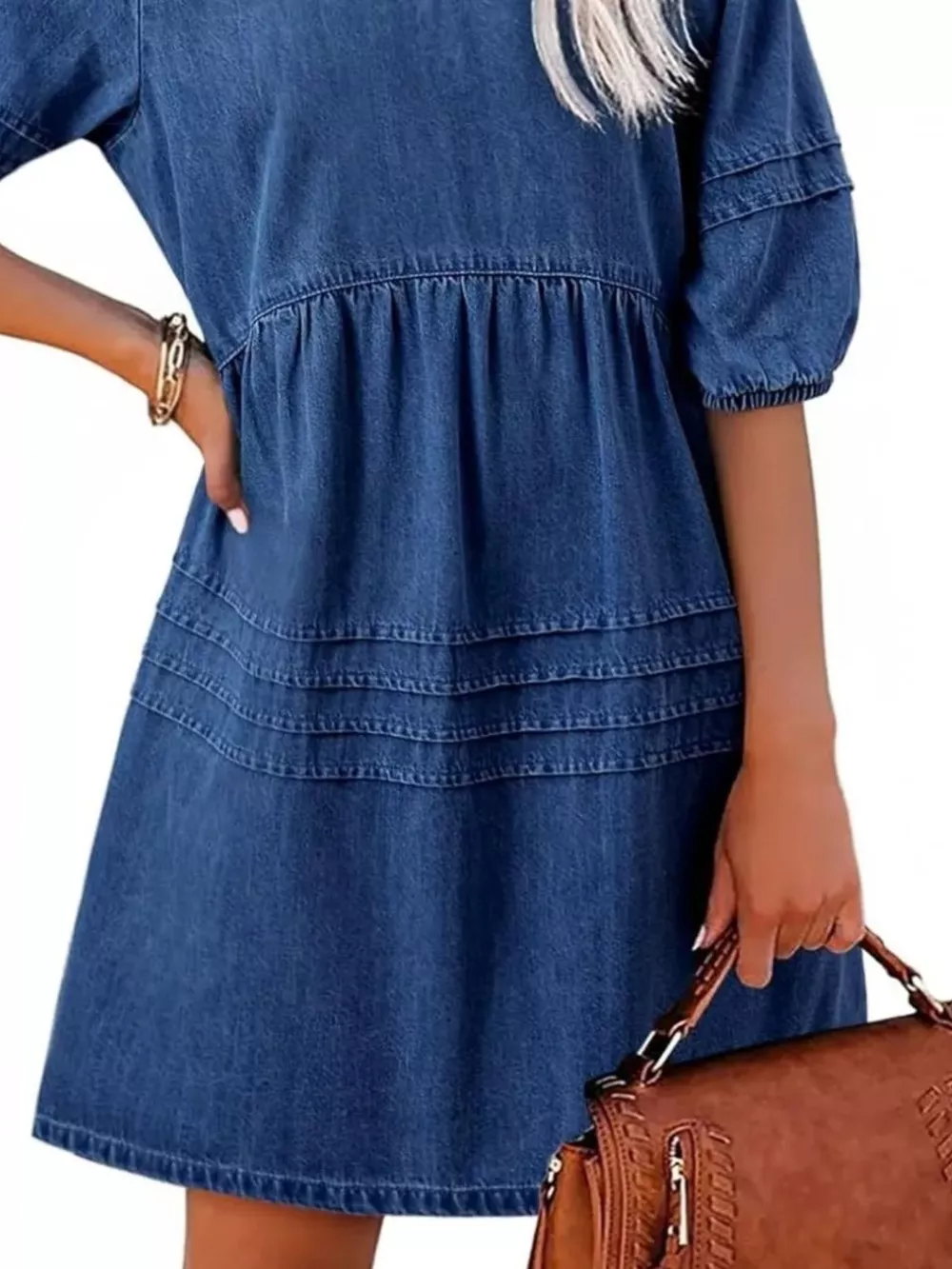 Casual V-Neck Puff Sleeve Denim Mini Dress, image 15