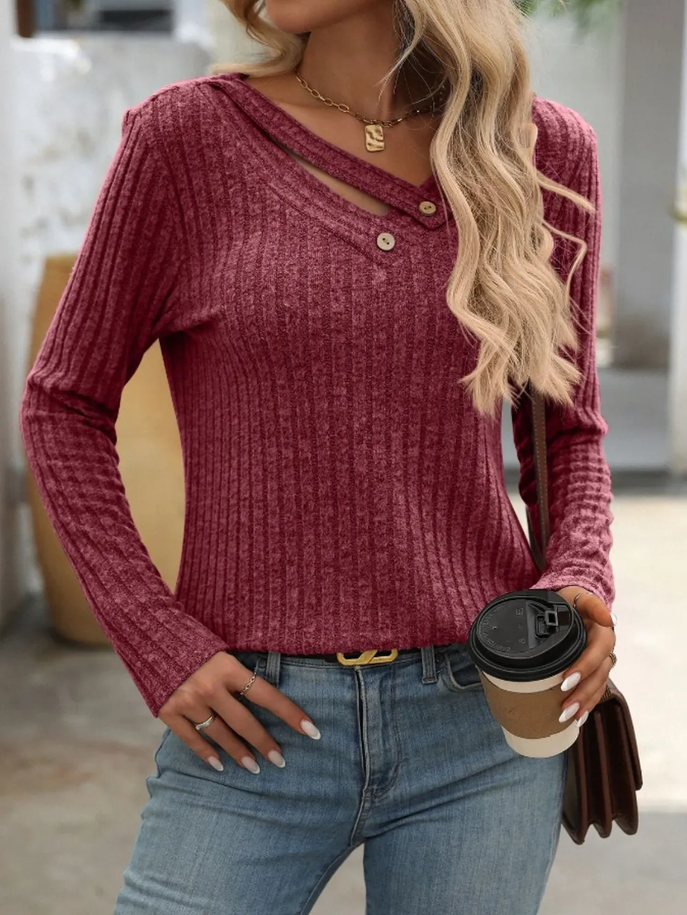 Ribbed V-Neck Long Sleeve T-Shirt, image 10