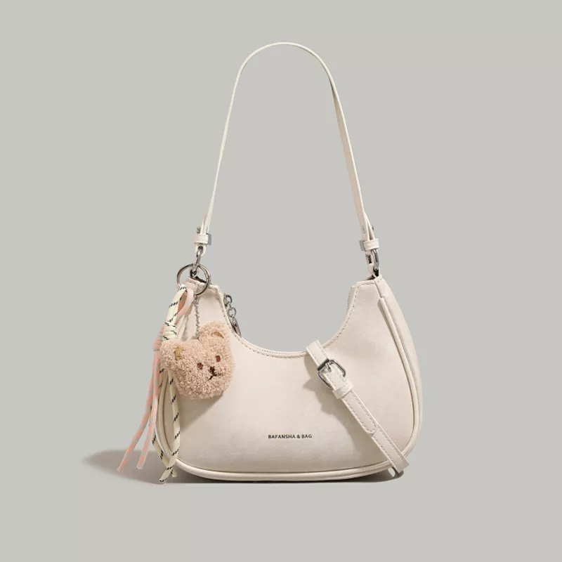Crescent Shoulder Bag with Teddy Bear Charm