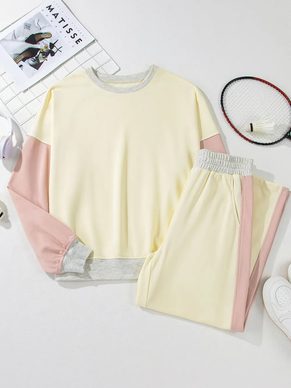 Color Block Round Neck Top and Pants Set, image 5