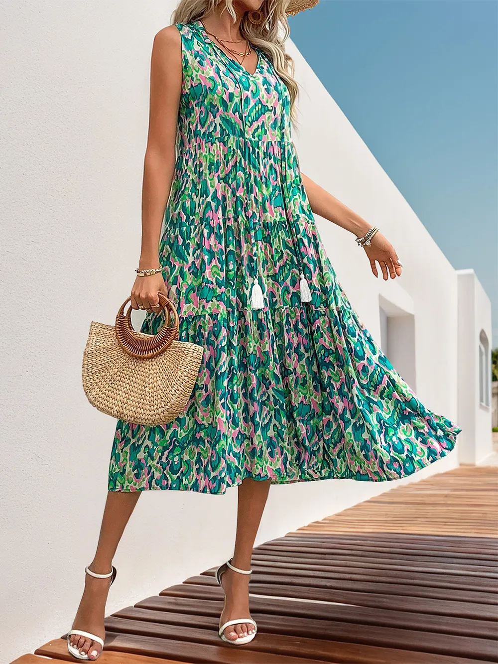 Tassel Printed Tie Neck Sleeveless Dress, image 3