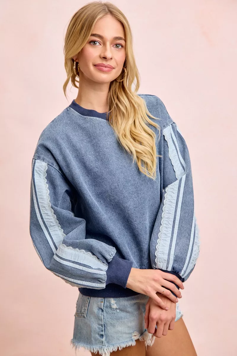 BiBi Washed Denim Lace Contrast Sided Sweatshirt, image 5