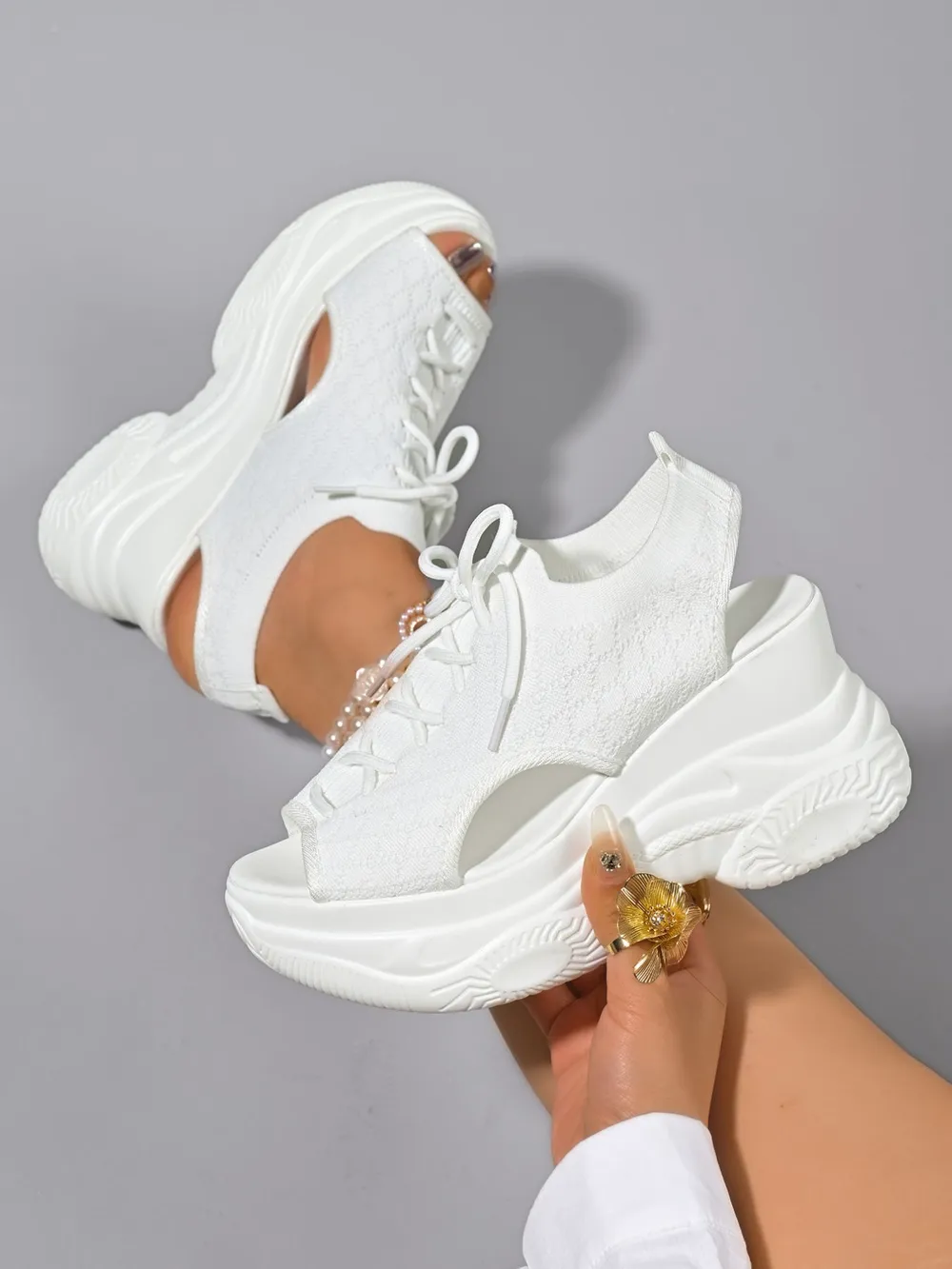 Cutout Lace Up Platform Wedge Sandals, image 2
