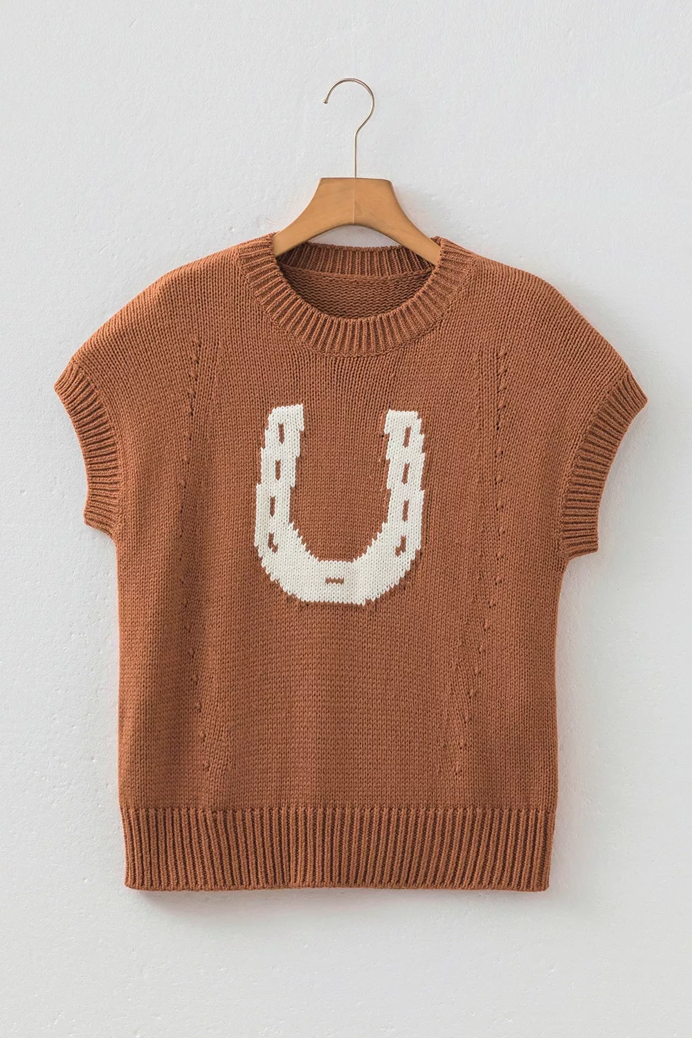 Western Horseshoe Pattern Short Sleeve Knit Sweater, image 7