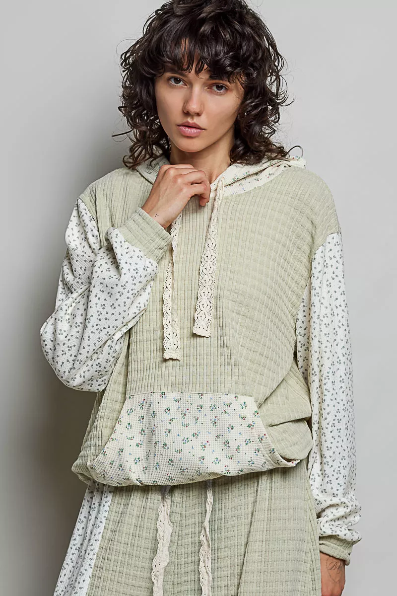 POL Mixed Knit Contrast Print Sleeve Hoodie with Kangaroo Pocket, image 4