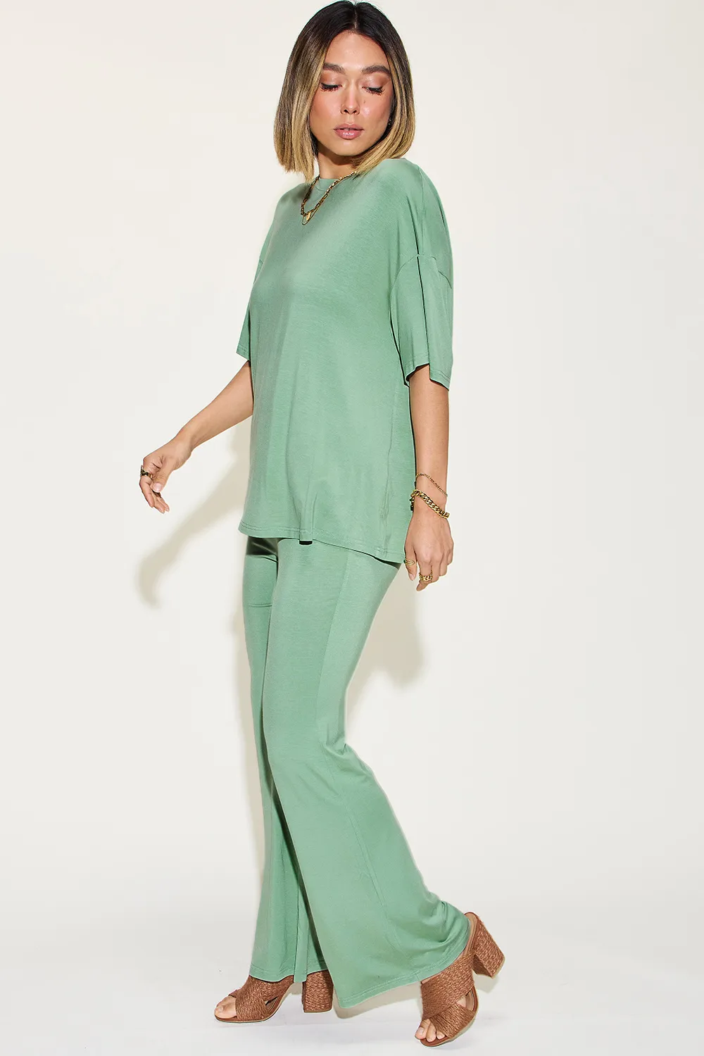 Full Size Bamboo Drop Shoulder T-Shirt and Flare Pants Set, image 7