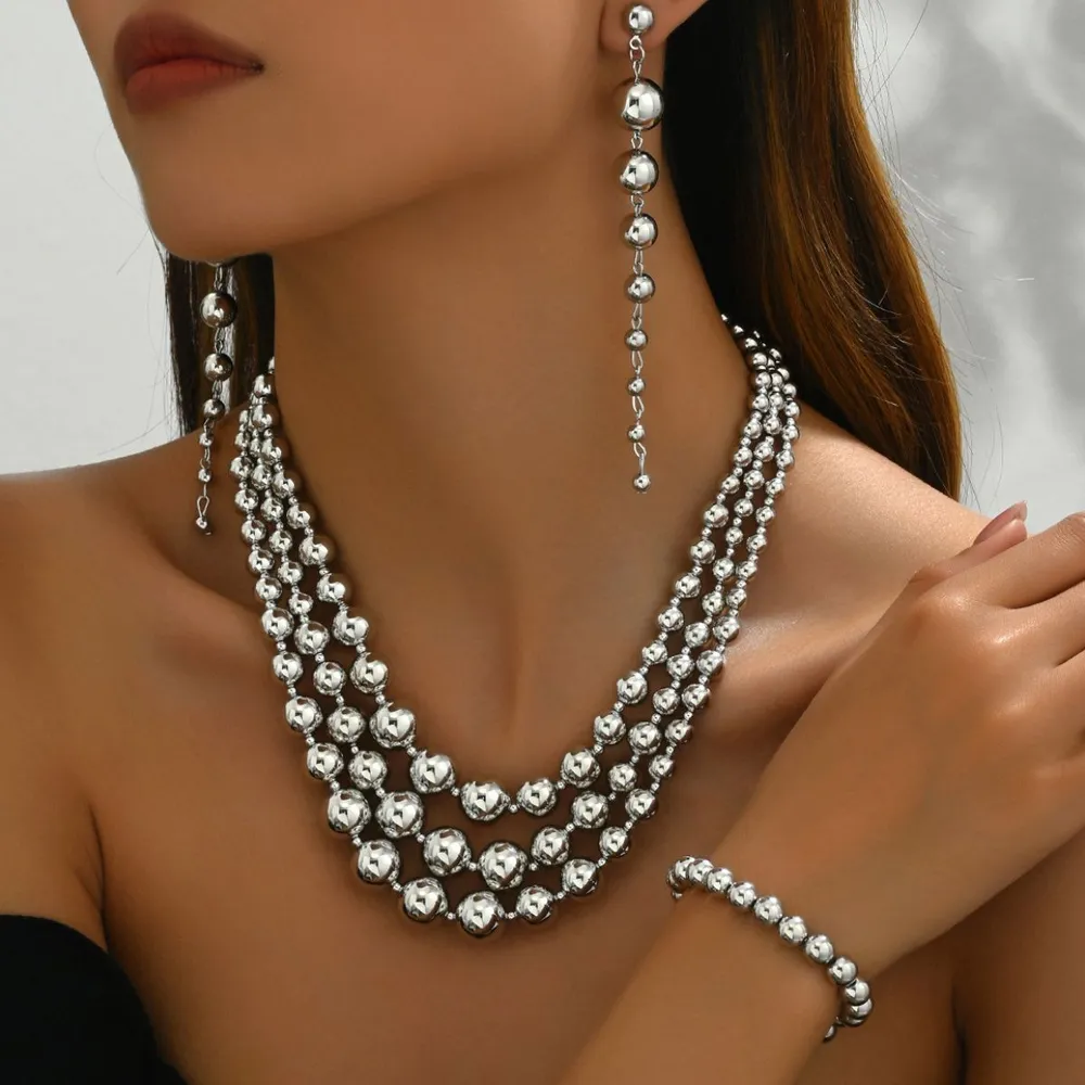 18K Stainless Steel Beaded Multi-Layered Necklace Bracelet Earrings Jewelry Set, image 3