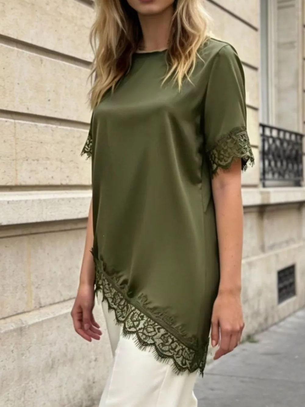 Lace Trim Short Sleeve Satin Top, image 3
