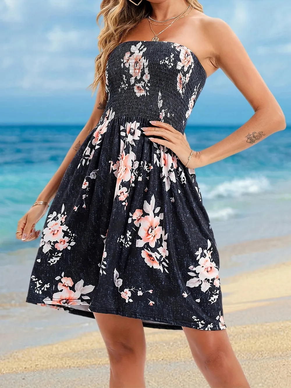 Full Size Smocked Printed Tube Mini Dress, image 2
