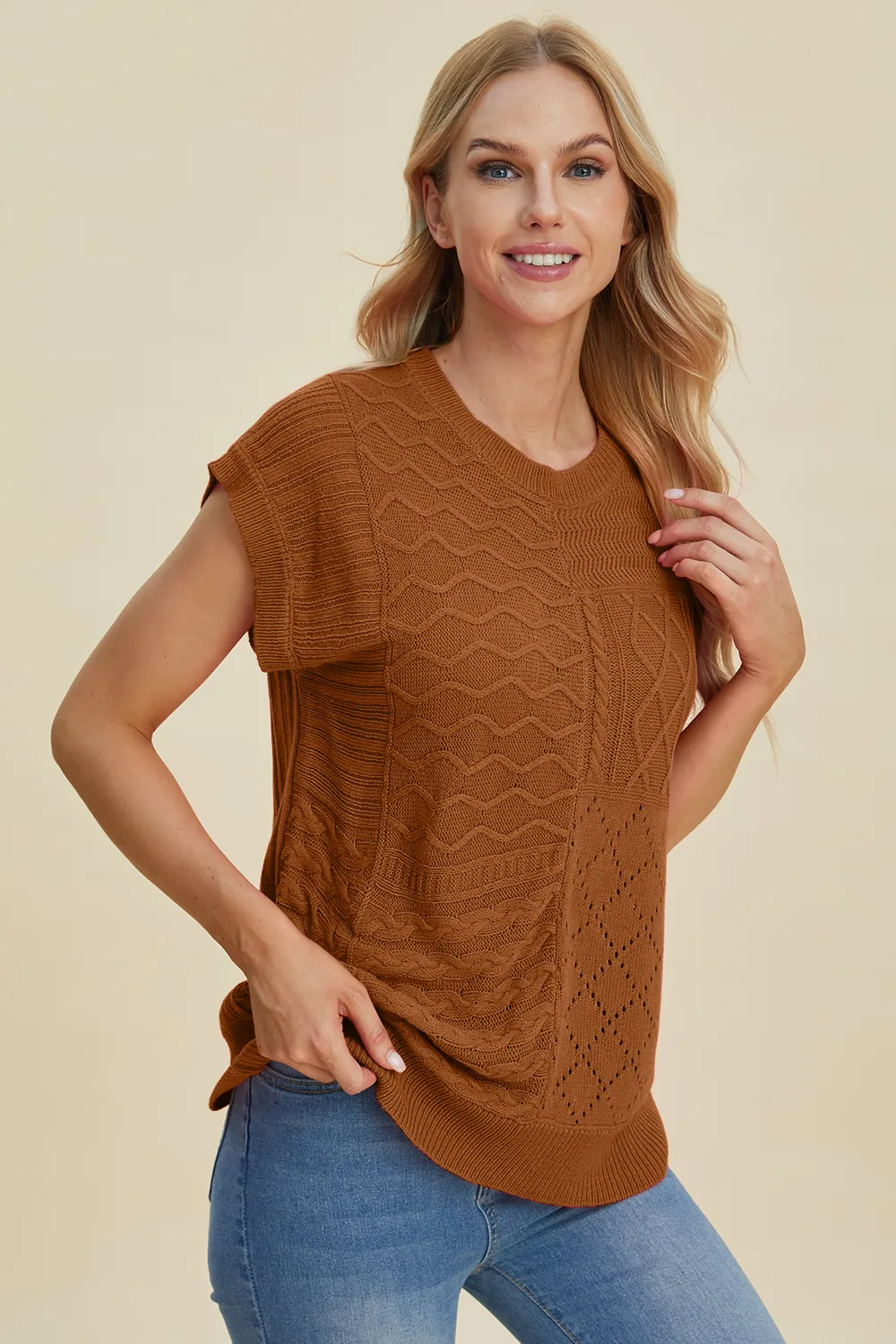 Full Size Cable-Knit Round Neck Cap Sleeve Sweater