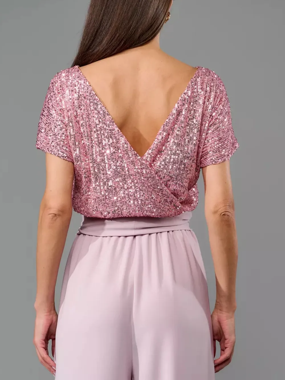 Full Size Sequin Round Neck Short Sleeve Wide Leg Jumpsuit, image 17