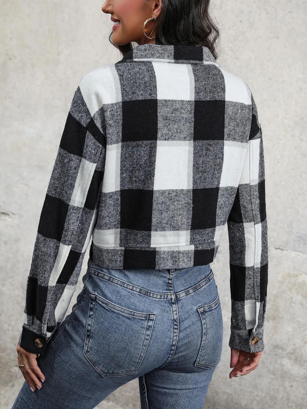 Plaid Button Up Drop Shoulder Cropped Jacket, image 7