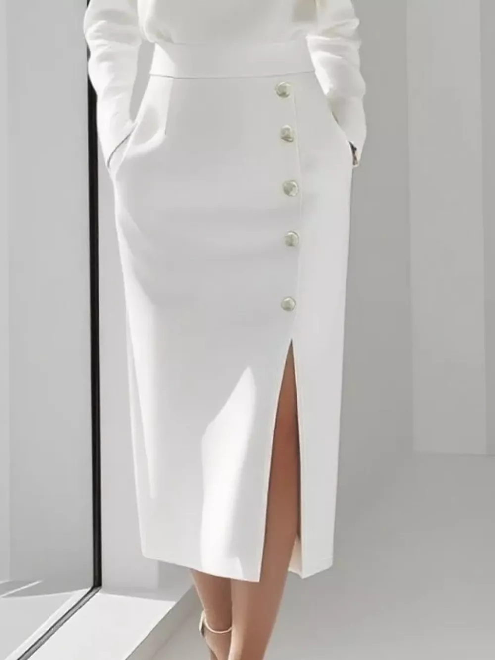 Long Sleeve Button Detail Midi Dress with Side Slit, image 4