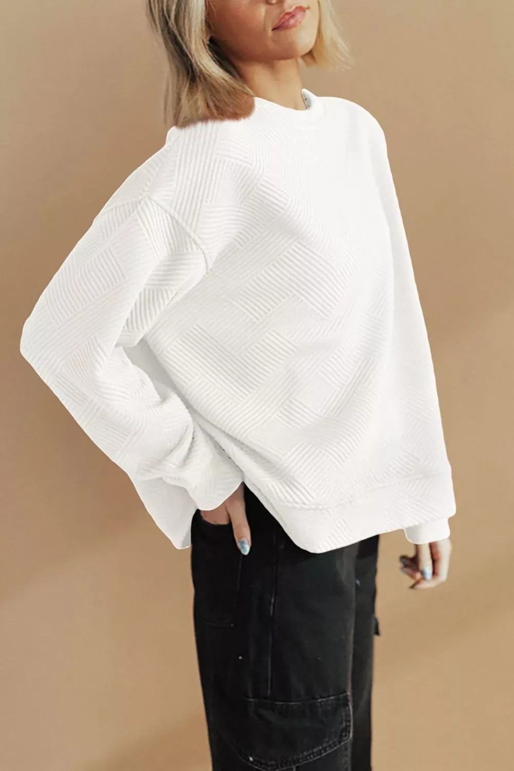 Solid Color Textured Round Neck Drop Shoulder Pullover Sweatshirt, image 7