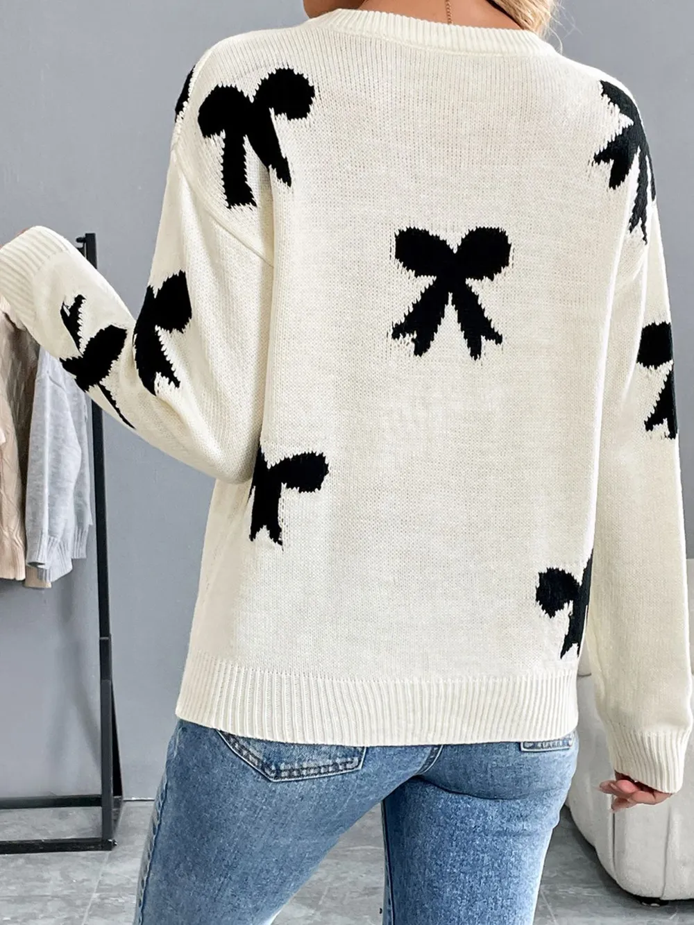 Bow Graphic Round Neck Long Sleeve Sweater, image 2
