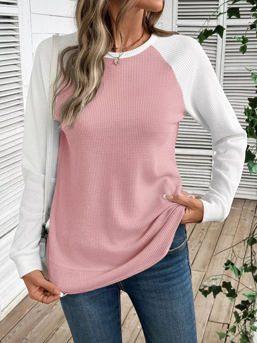 Contrast Raglan Sleeve Waffle Knit T-Shirt, image 23