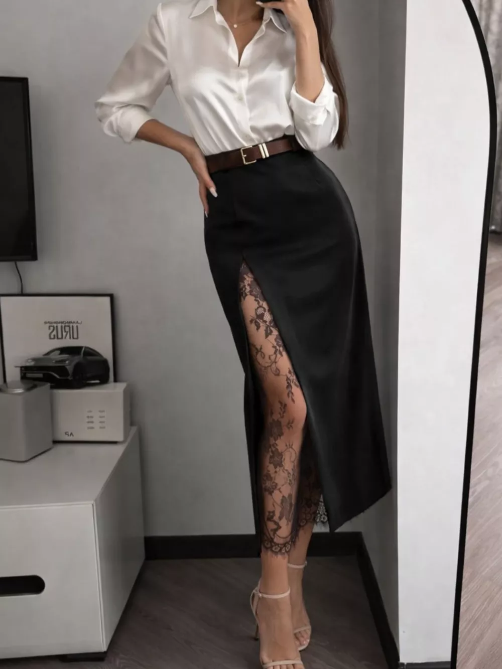 Elegant Lace-Trimmed Slit A-Line Skirt, image 16