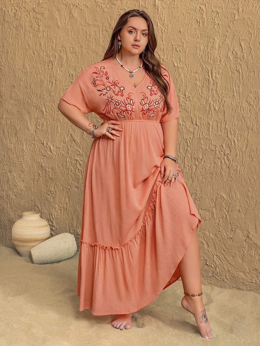 Plus Size Frill Embroidered V-Neck Half Sleeve Maxi Dress, image 4