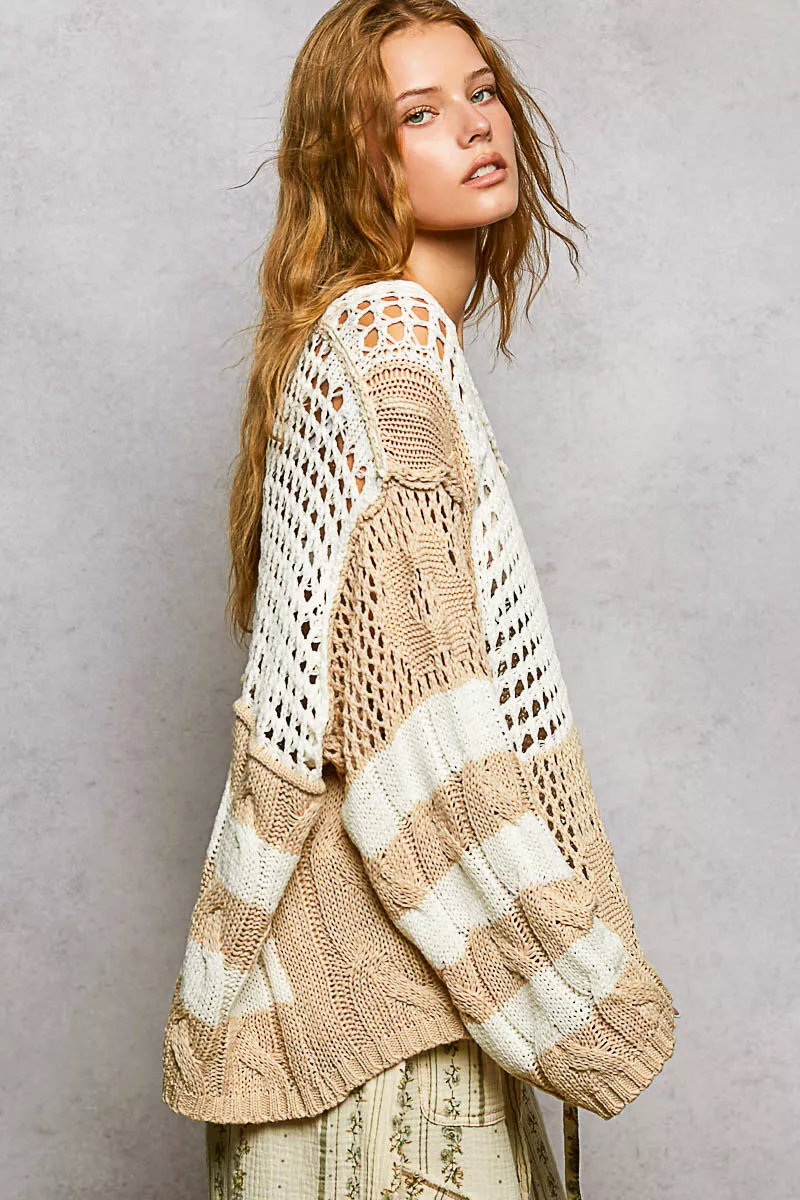 Color-Blocked Stripe Pattern Knit Top with Twisted Weave, image 3