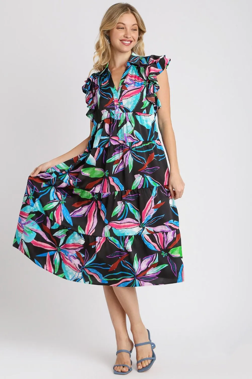Full Size Leaf Print Double Layered Ruffle Sleeve Tiered Midi Dress Plus Size