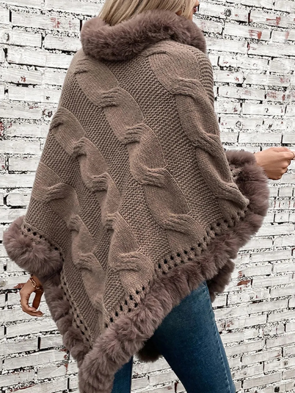 Fuzzy Hem Cable-Knit Poncho, image 3