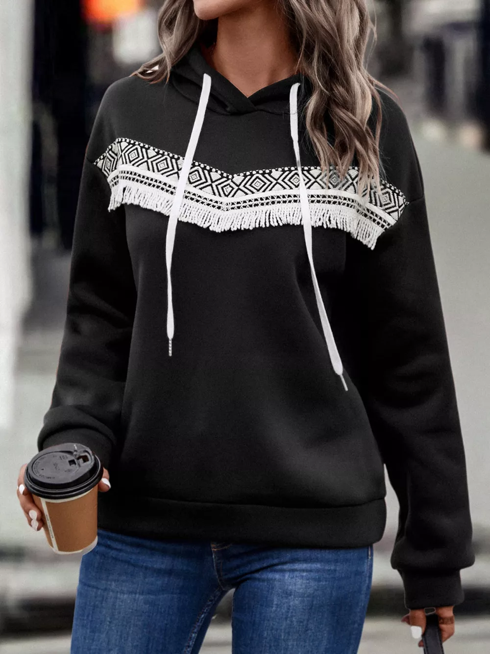 Fringe Detail Long Sleeve Drawstring Hoodie, image 3