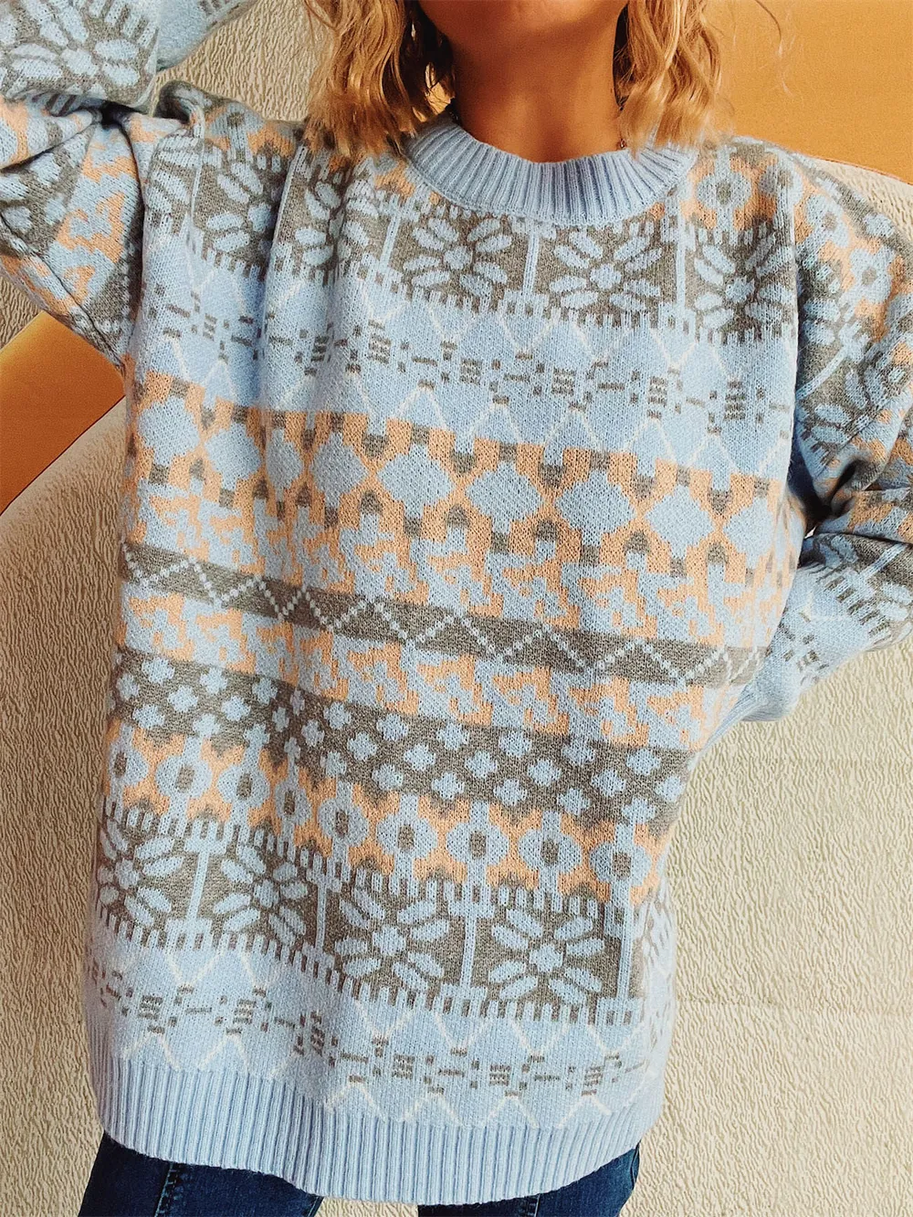 Geometric Round Neck Dropped Shoulder Sweater, image 7
