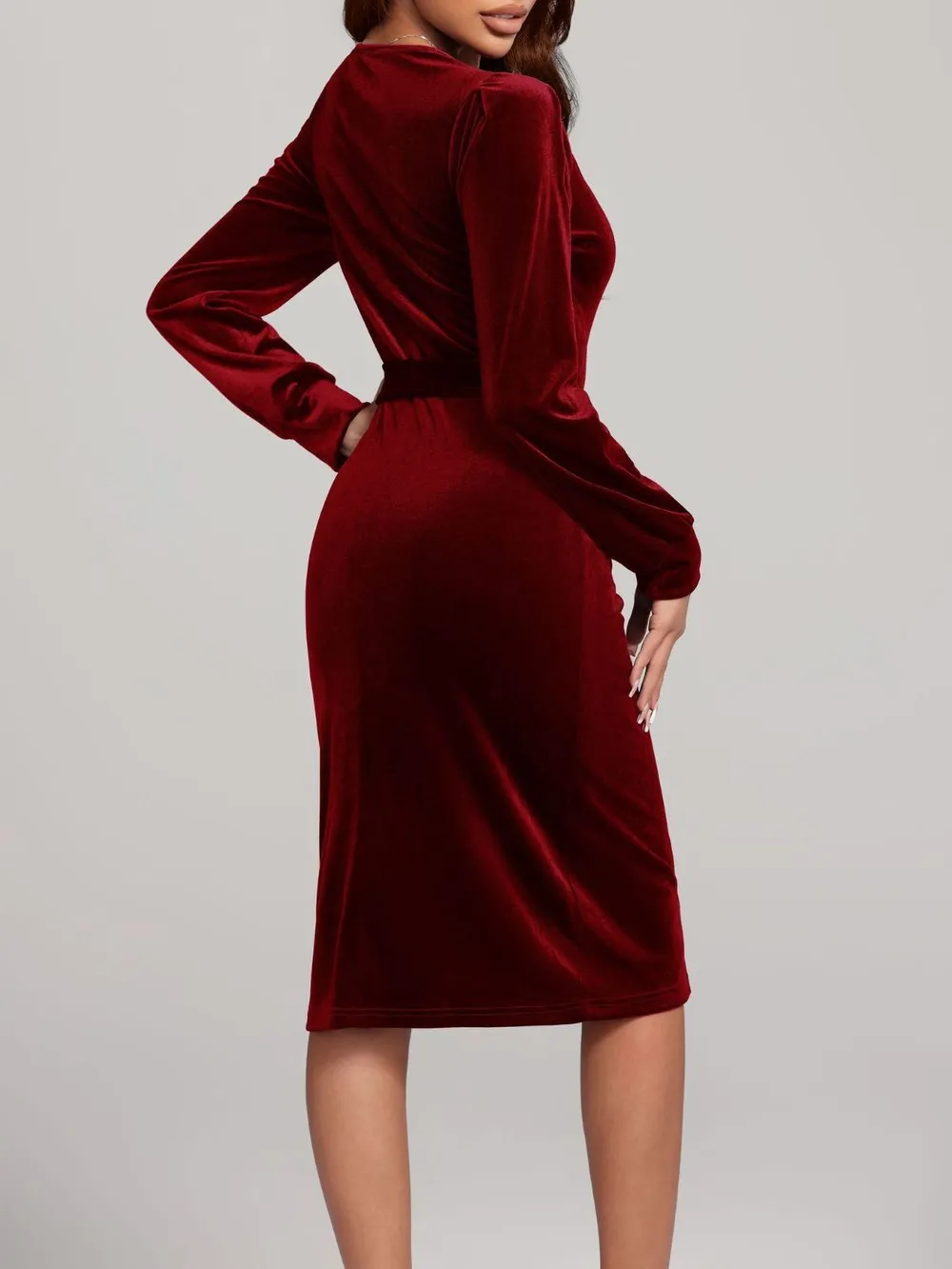 Round Neck Tie Waist Long Sleeve Velvet Dress, image 18