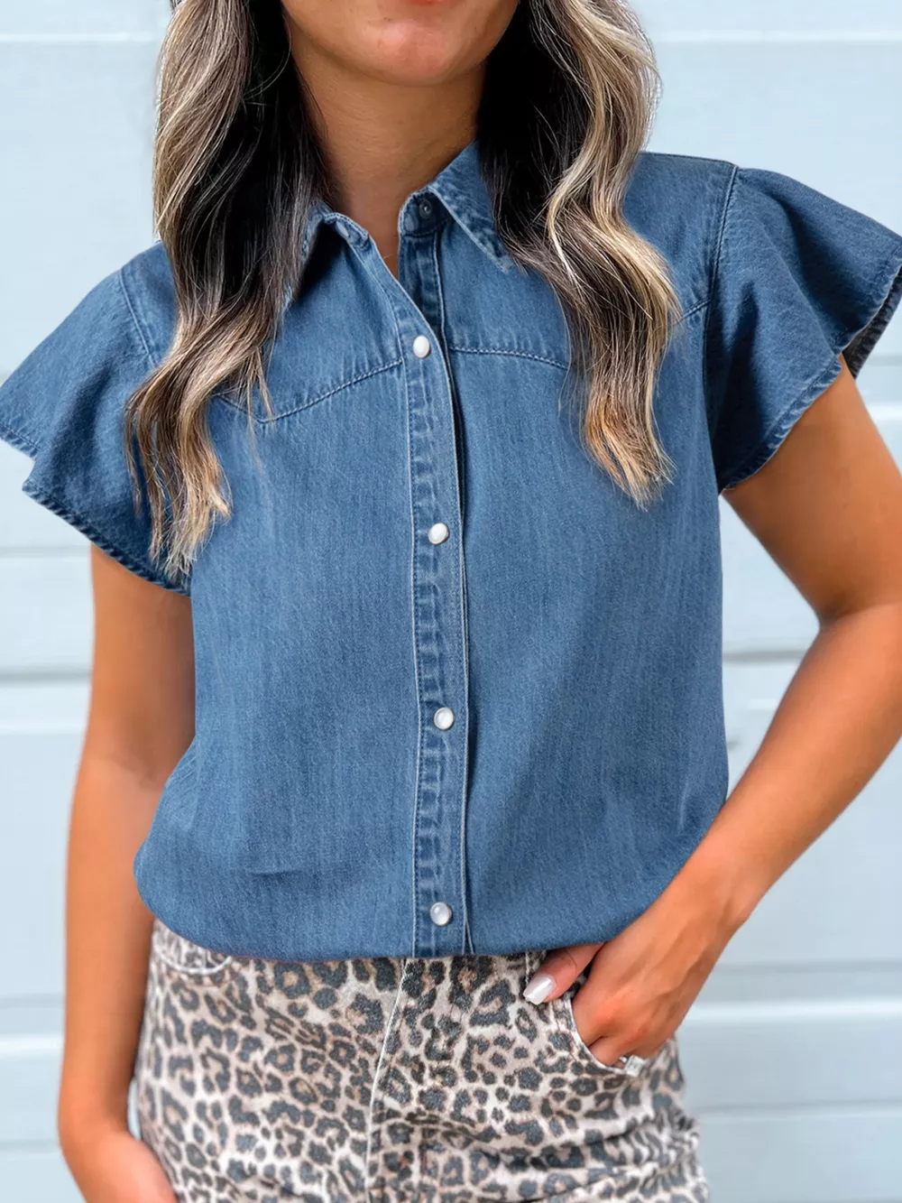 Ruffled Short Sleeve Denim Shirt
