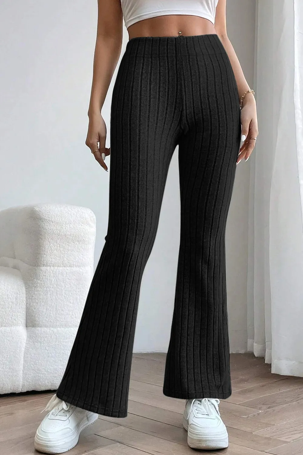 Full Size Ribbed High Waist Flare Pants, image 12