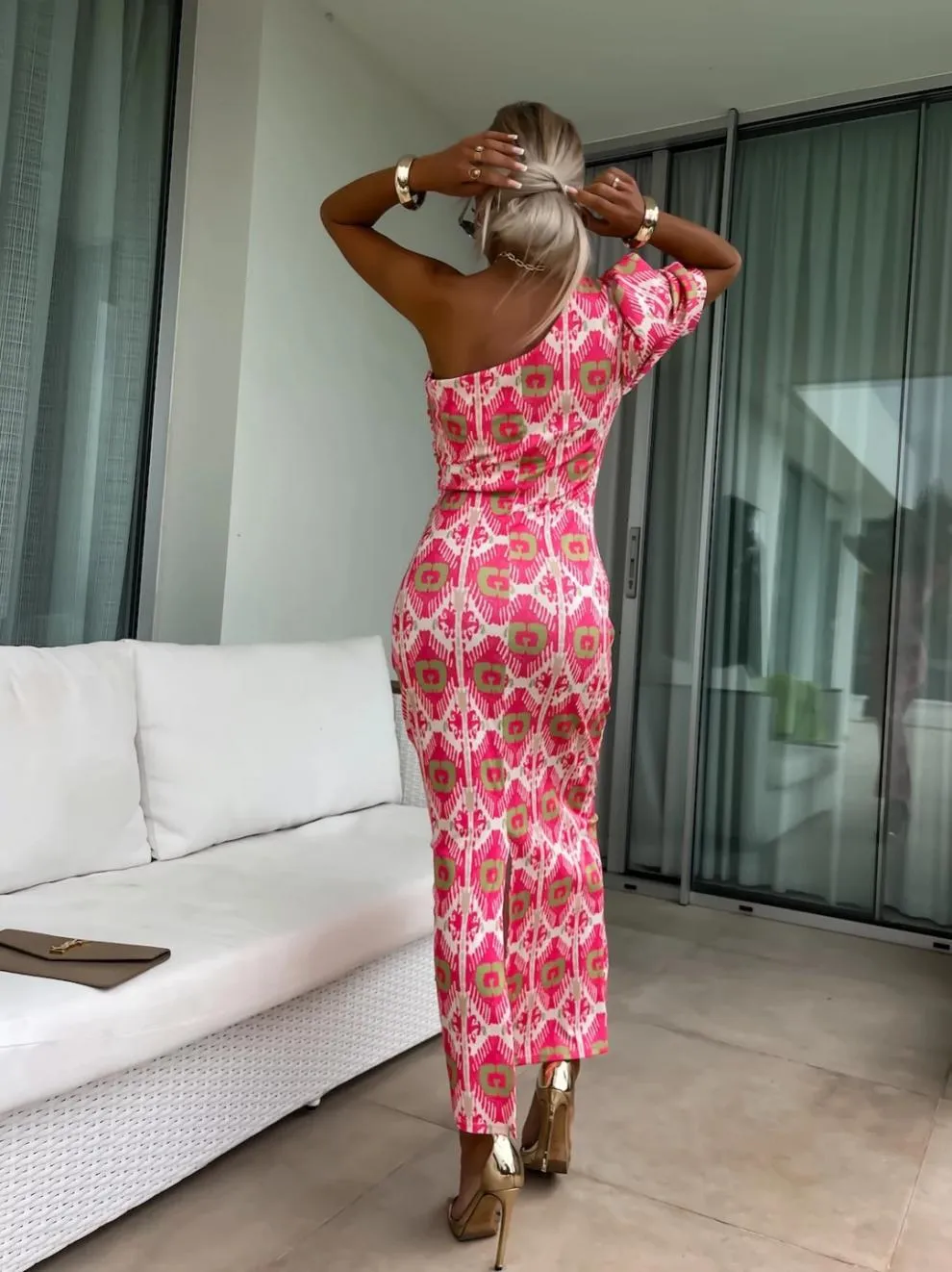 Slit Printed Single Shoulder Midi Dress, image 4