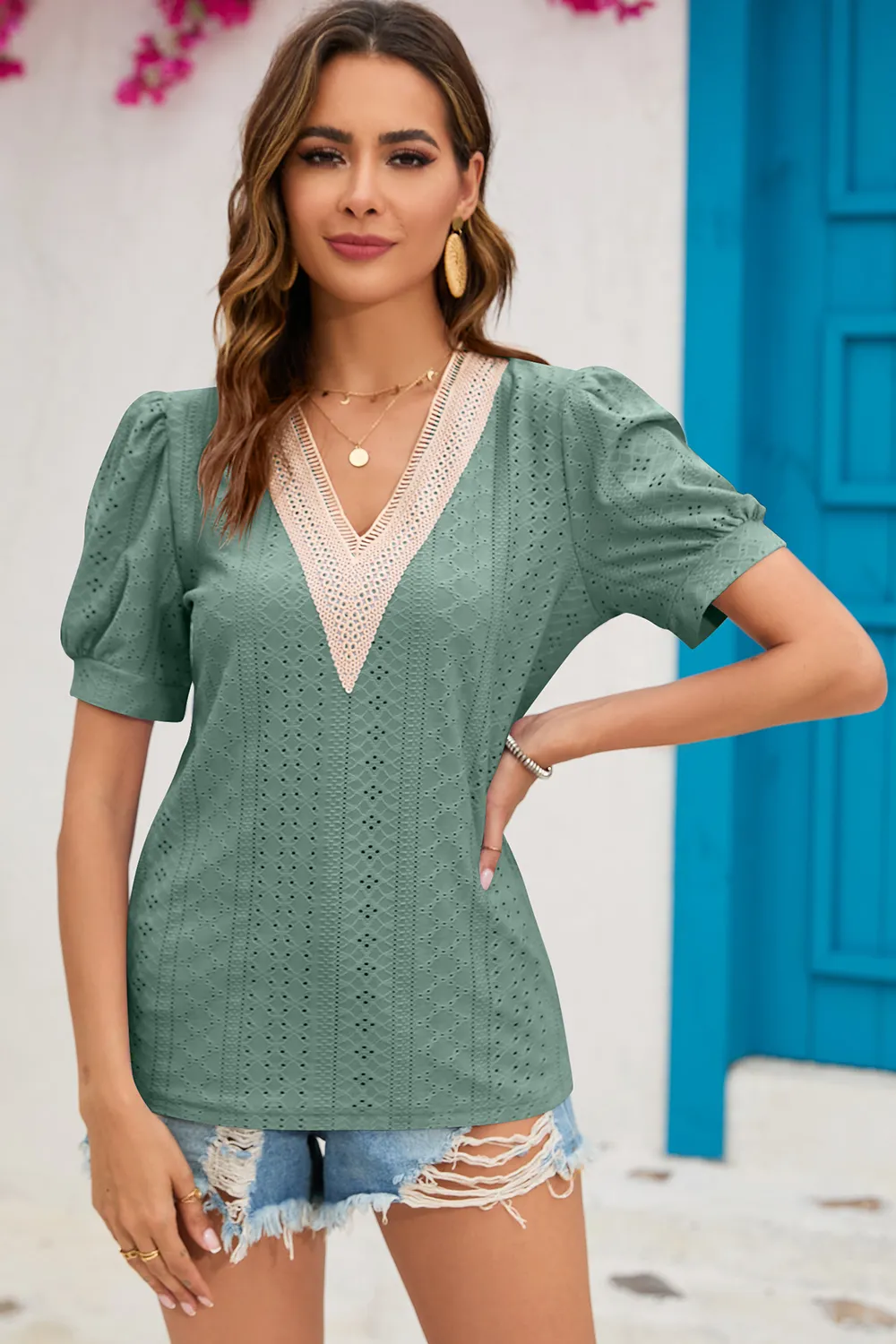 Eyelet V-Neck Short Sleeve T-Shirt, image 7