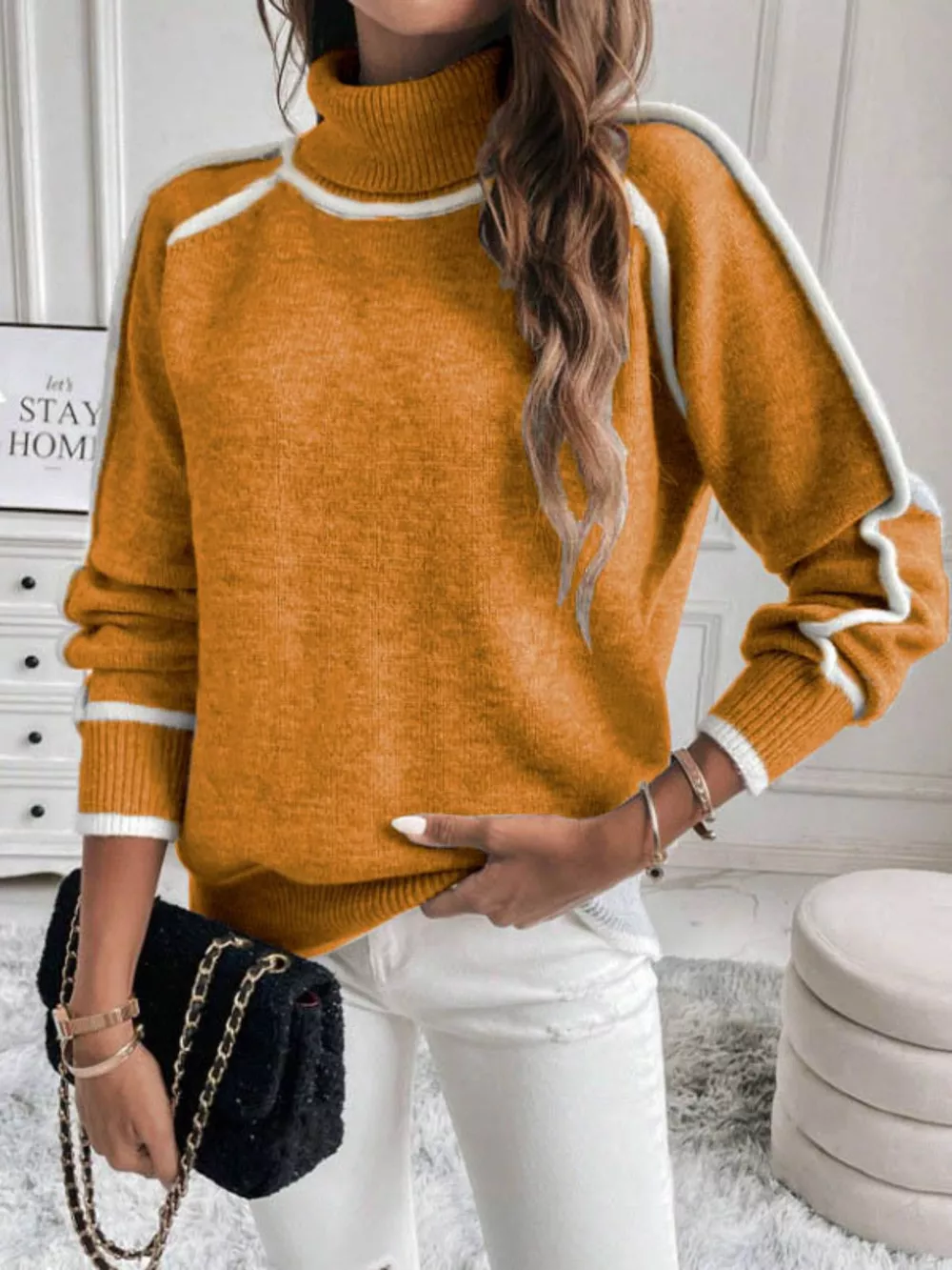 Full Size Turtleneck Contrast Trim Sweater Plus Size, image 18