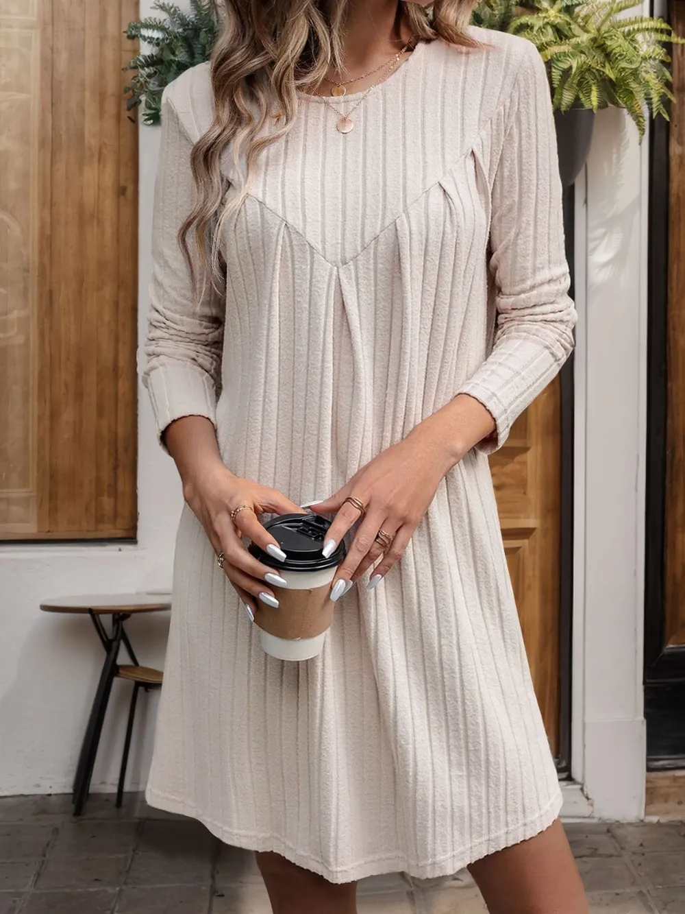 Round Neck Long Sleeve Mini Dress, image 3