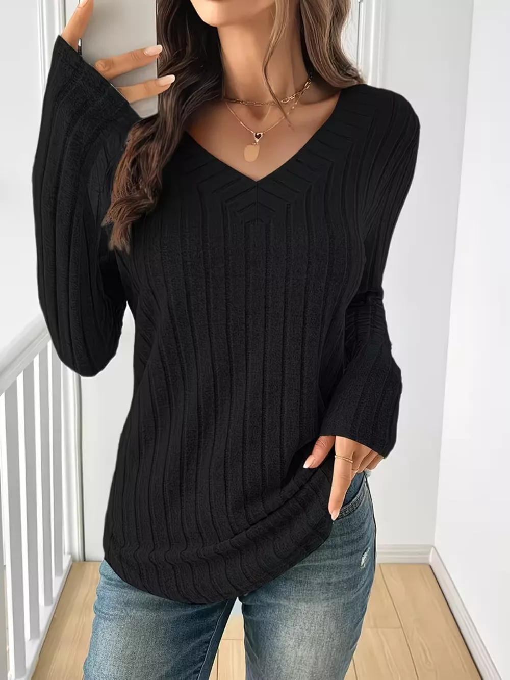 Ribbed Knit Long Sleeve T-Shirt, image 6