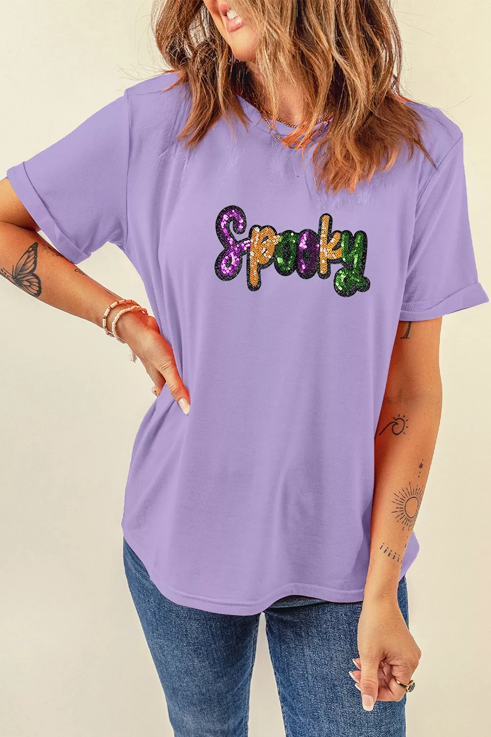 Full Size Spooky Sequin Letter Patched Cotton Blend T Shirt Plus Size, image 5
