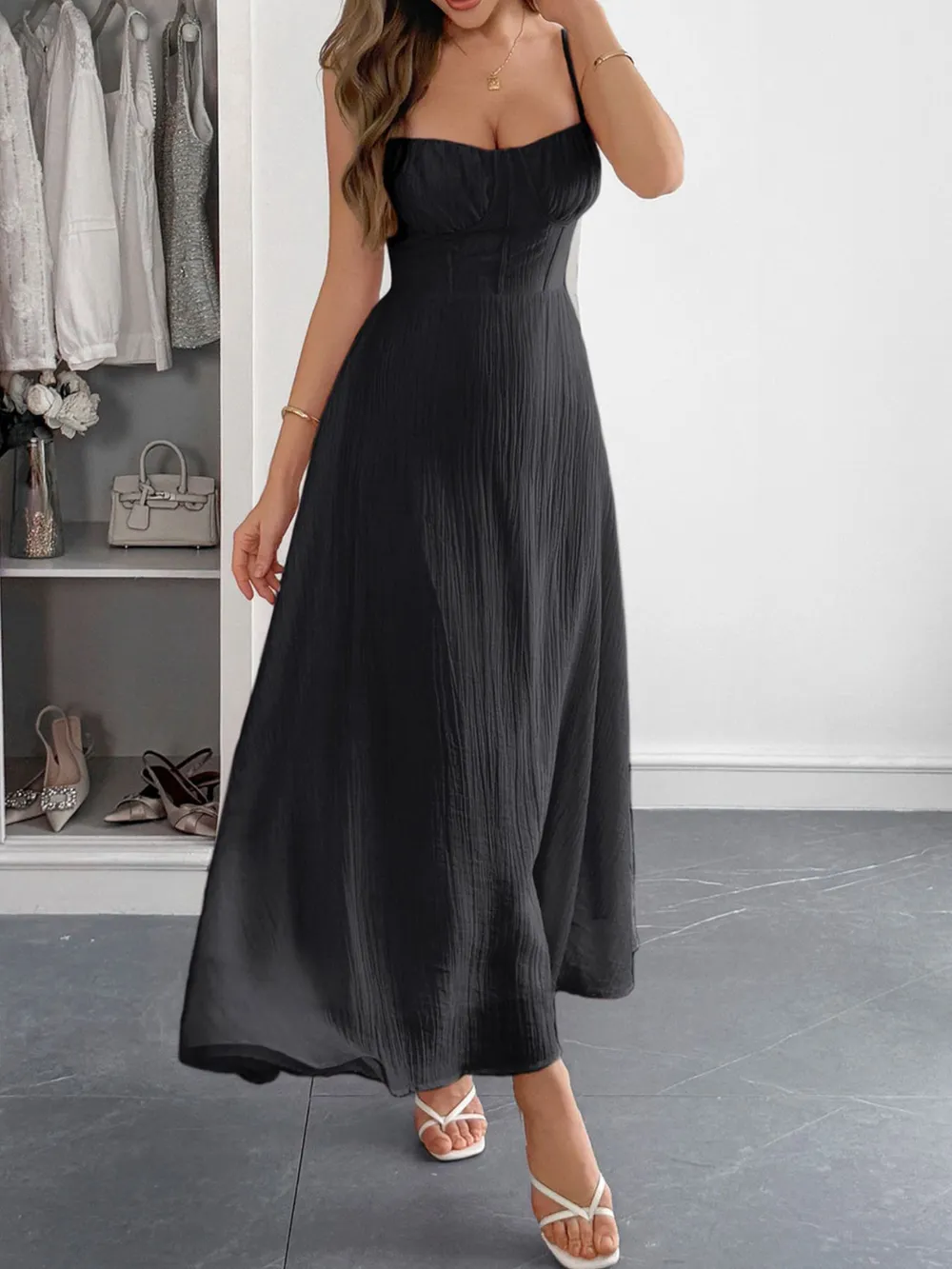 Texture Sweetheart Neck Backless Cami Dress, image 4