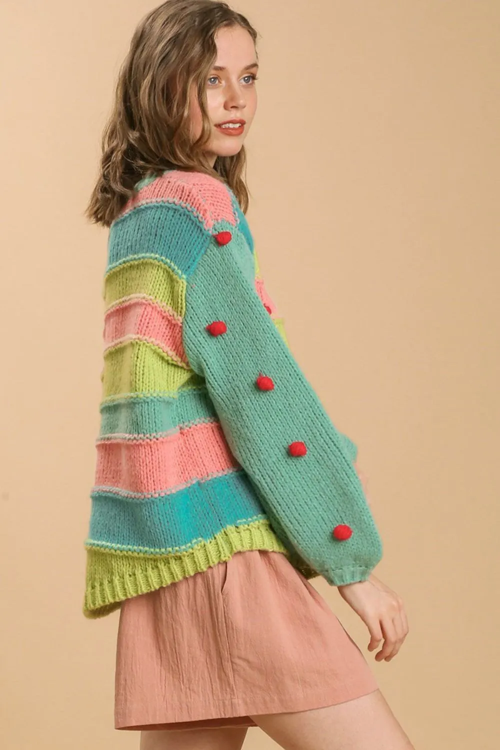 Full Size Color Block Cable Knit Sweater with Pom Pom Plus Size, image 2