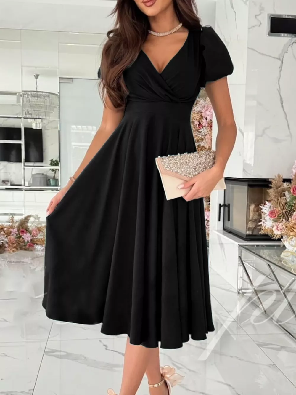 Surplice Puff Sleeve Midi Dress, image 4