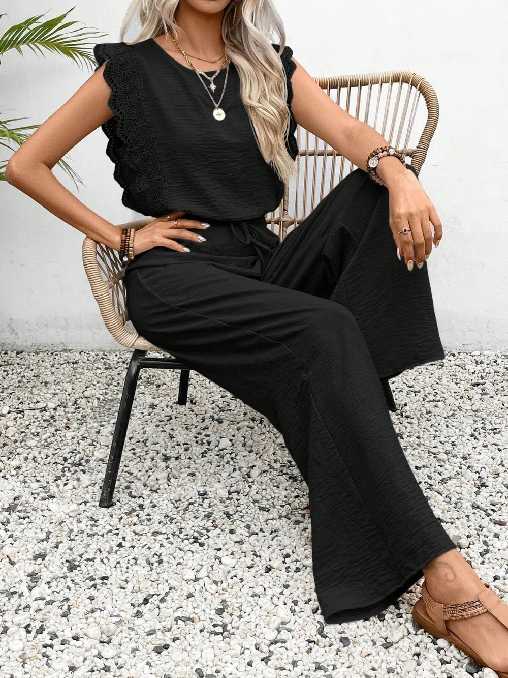 Lace Trim Round Neck Top and Pants Set, image 14