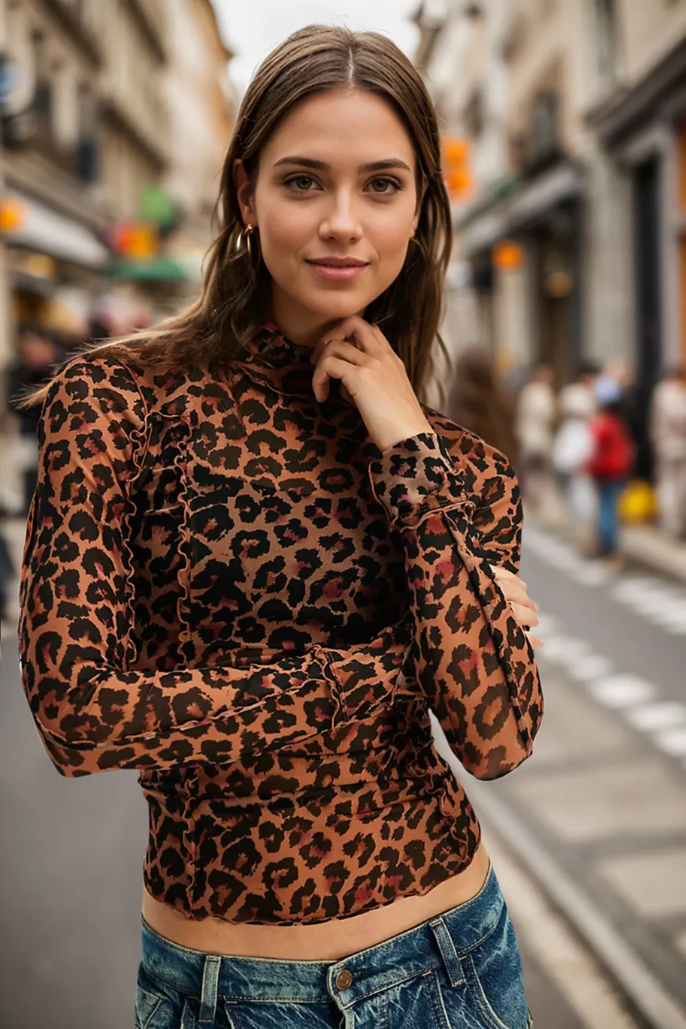 Full Size Frill Printed Mock Neck Long Sleeve Top, image 2