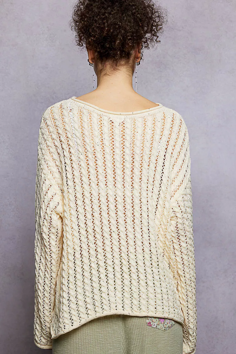 Openwork Round Neck Knit Top with Shiny Detail, image 6