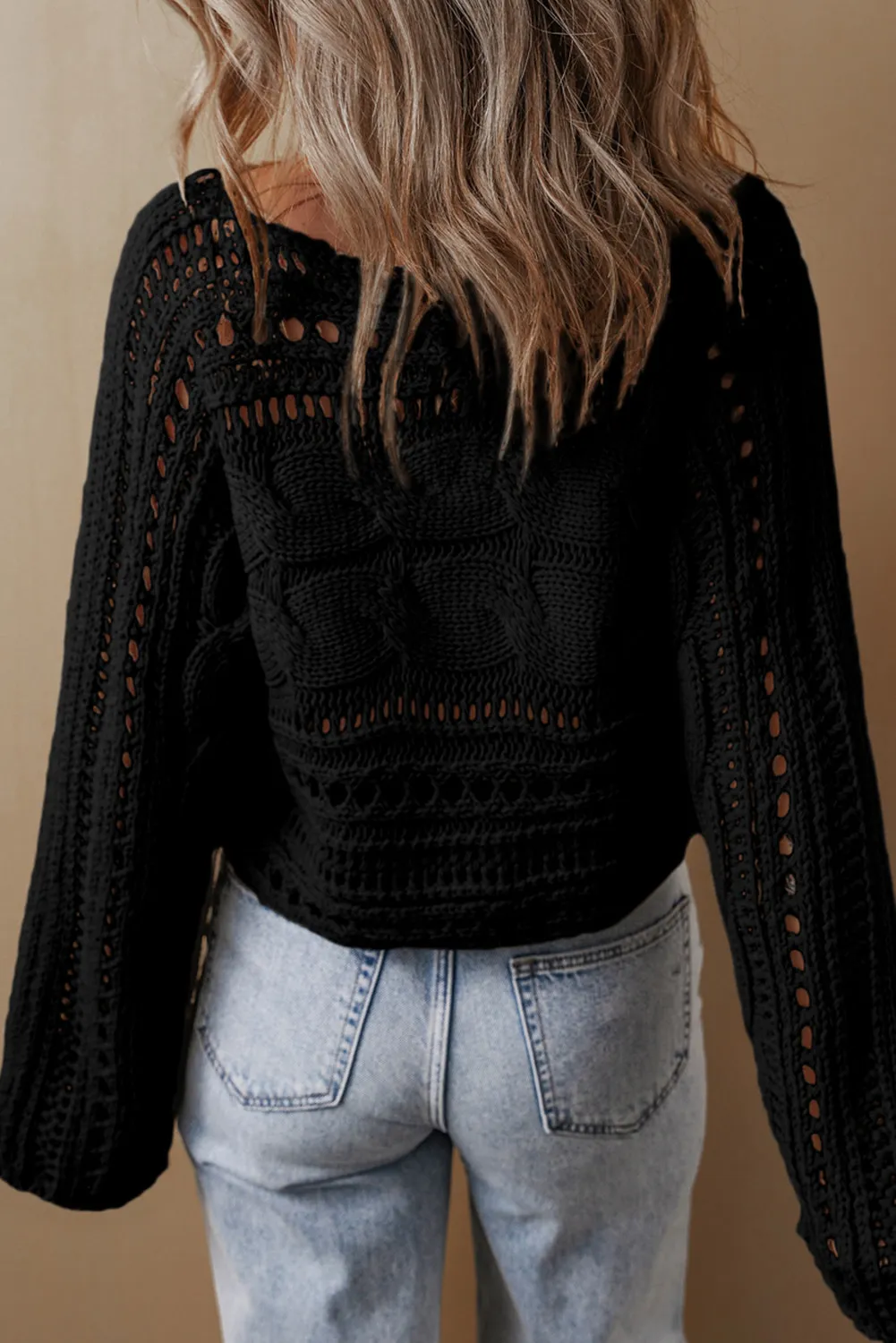 Cable-Knit Openwork Long Sleeve Sweater, image 3